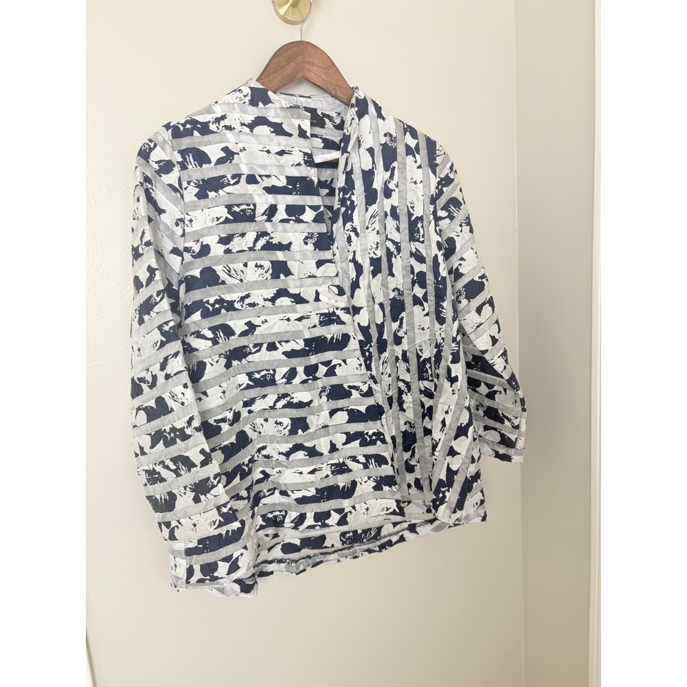Yushi Wrap Blouse Womens Small Navy Blue White Semi Sheer Stripe Art To Wear - Picture 4 of 12